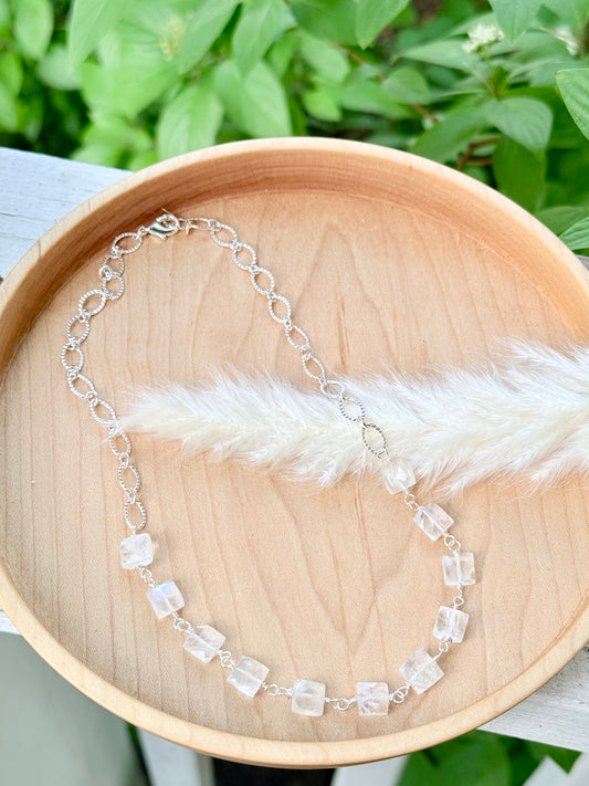 Rainbow Moonstone + Silver Square Necklace