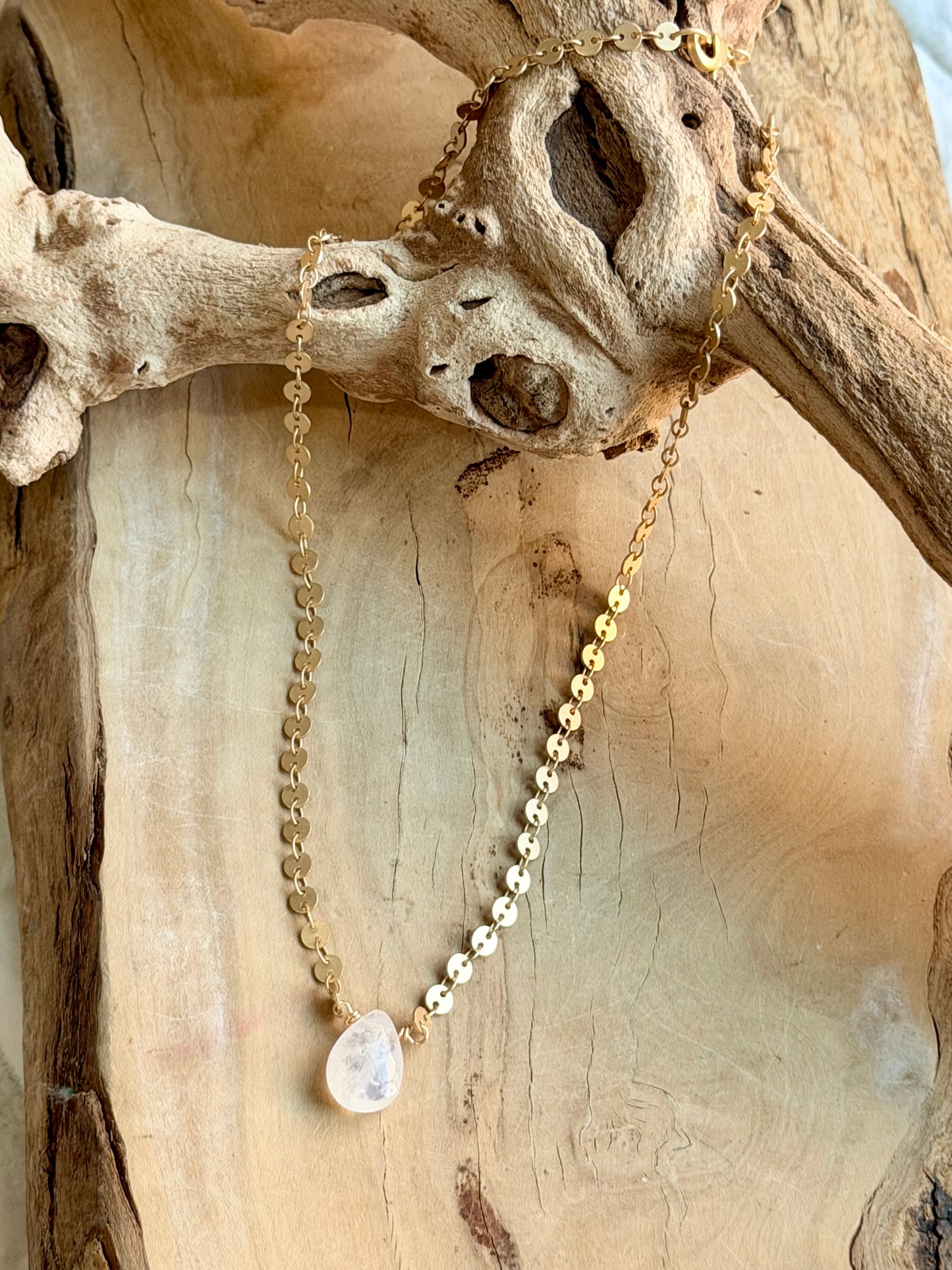 Rainbow Moonstone + Matte Gold Necklace