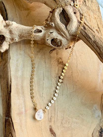 Rainbow Moonstone + Matte Gold Necklace