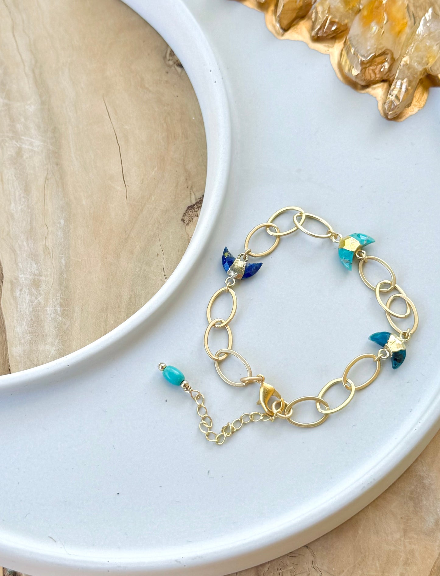 Blue Trio + Gold Gemstone Moon Bracelet