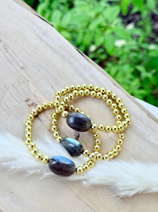 Chunky Labradorite + Gold Beaded Bracelet