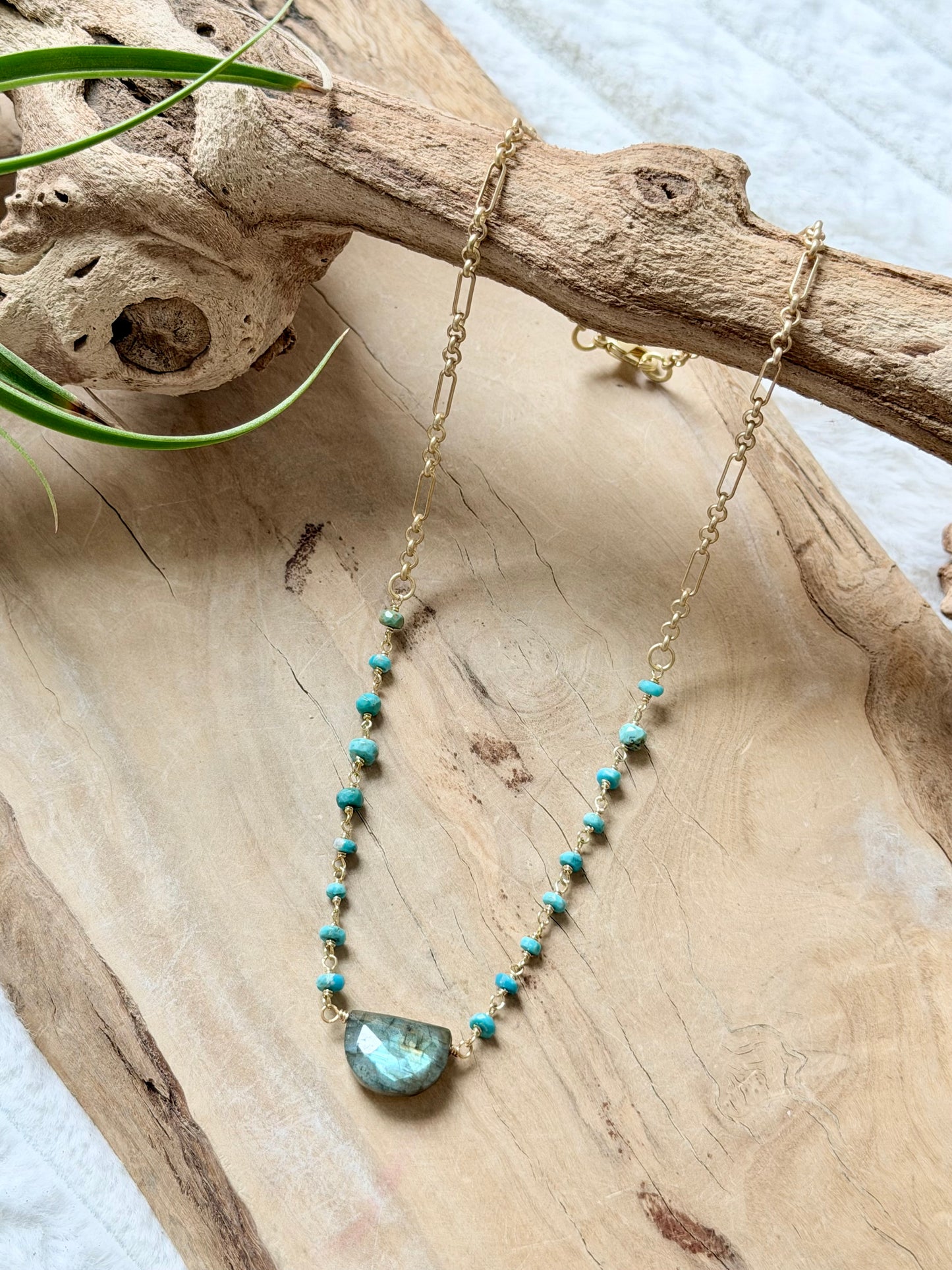 Labradorite + Turquoise Matte Gold Necklace