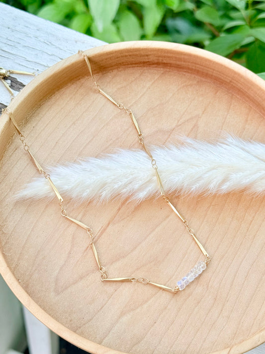 Rainbow Moonstone + Matte Gold Mini Bar Necklace