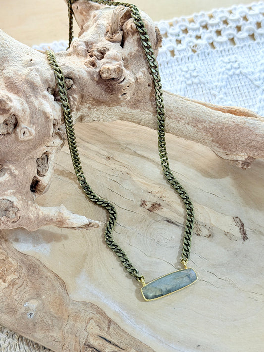 Labradorite + Antique Brass Bar Necklace