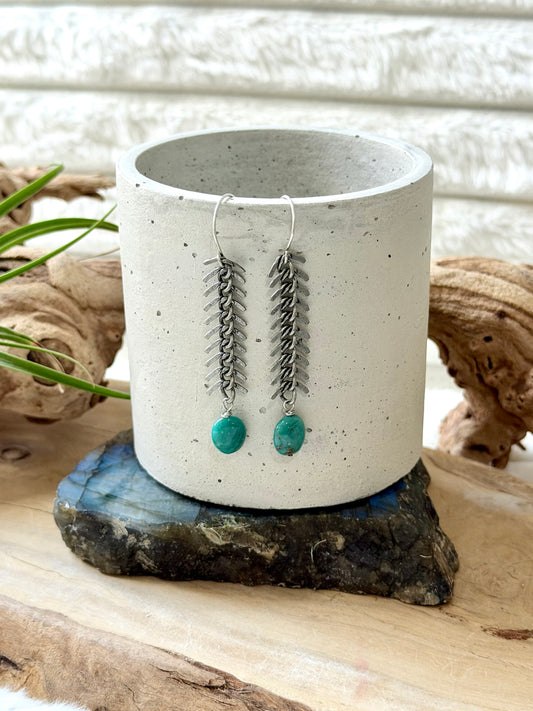 Tibetan Turquoise + Antique Silver Fishbone Earrings