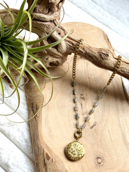 Labradorite + Gold Stainless Steel Locket, Carabiner Charm Necklace