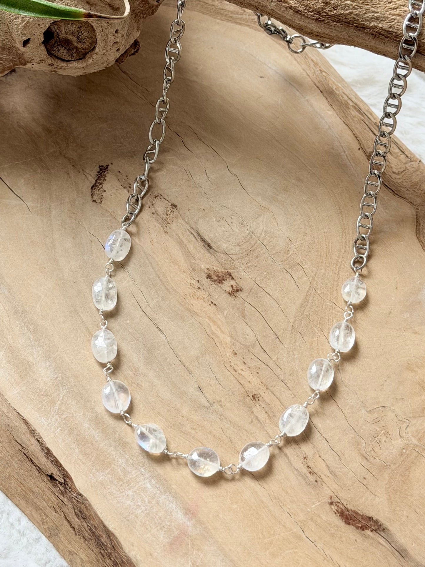 Rainbow Moonstone + Silver Necklace