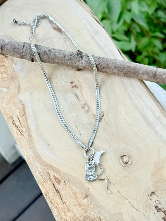 Rainbow Moonstone Moon + Silver Carabiner Charm Necklace