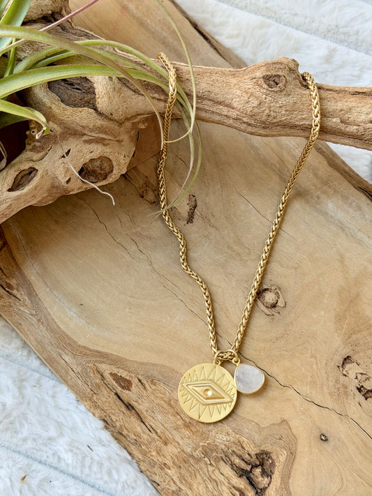 Rainbow Moonstone + Matte Gold Evil Eye Necklace