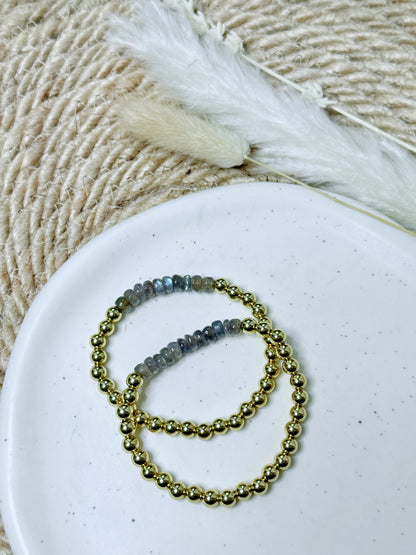 Blue Flash Labradorite + Gold Beaded Bracelet