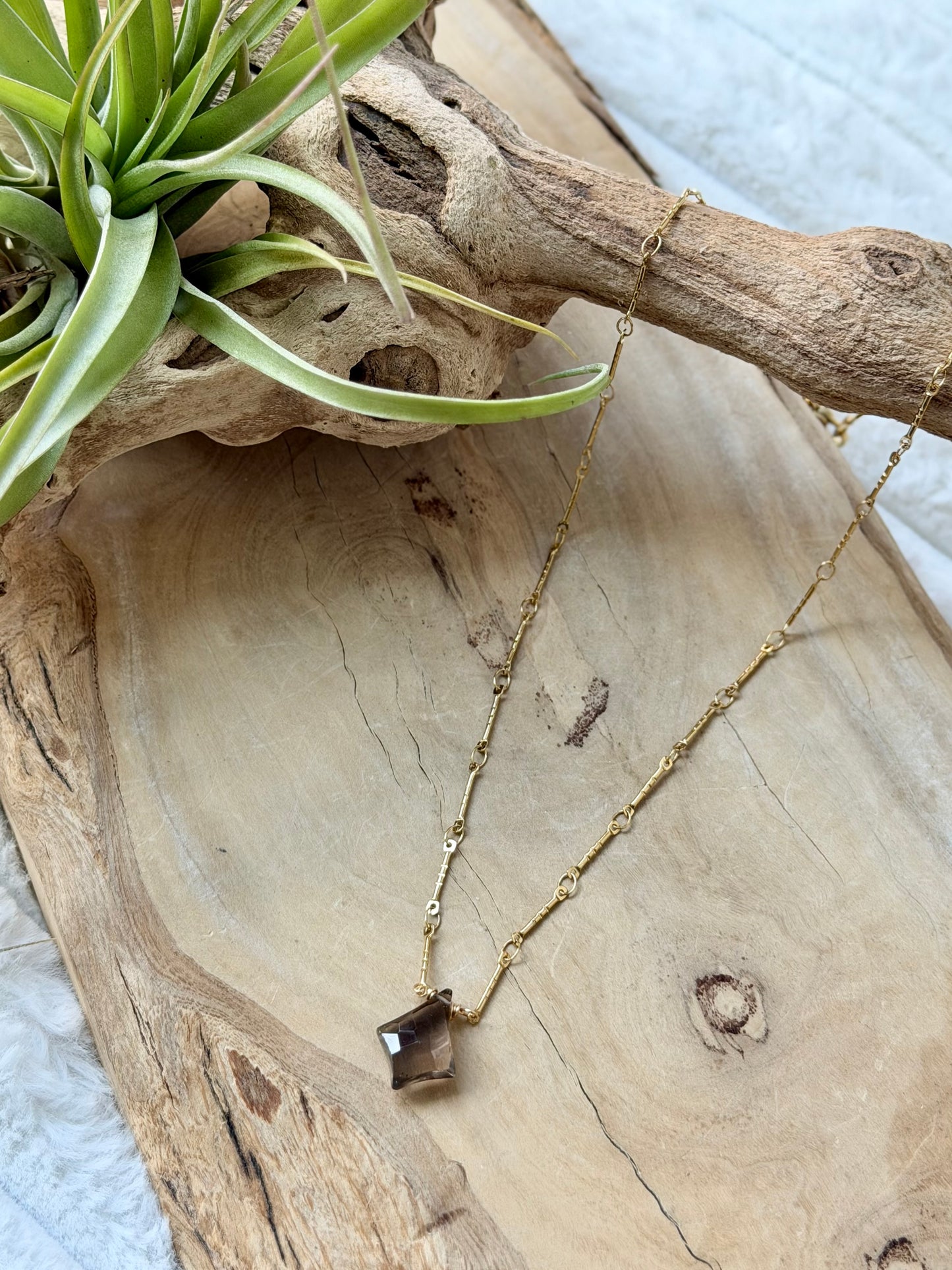 Smoky Quartz + Gold Stainless Steel Necklace