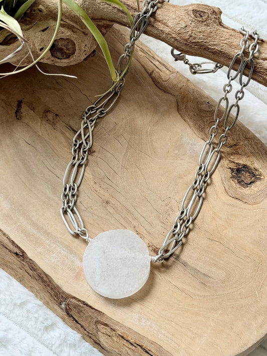 White Druzy Agate + Antique Silver Necklace