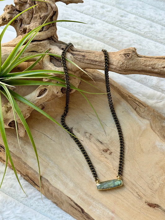 Labradorite + Antique Brass Bar Necklace (Small)