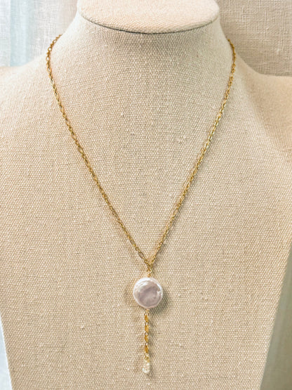 Freshwater Pearl + Matte Gold Mini Lariat Necklace