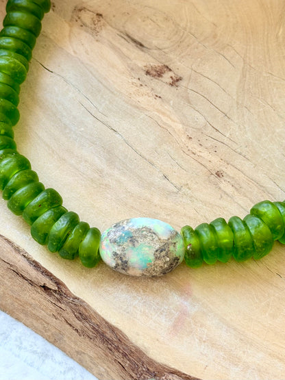 Ethiopian Opal + Lime Green African Glass Gold Chunky Necklace