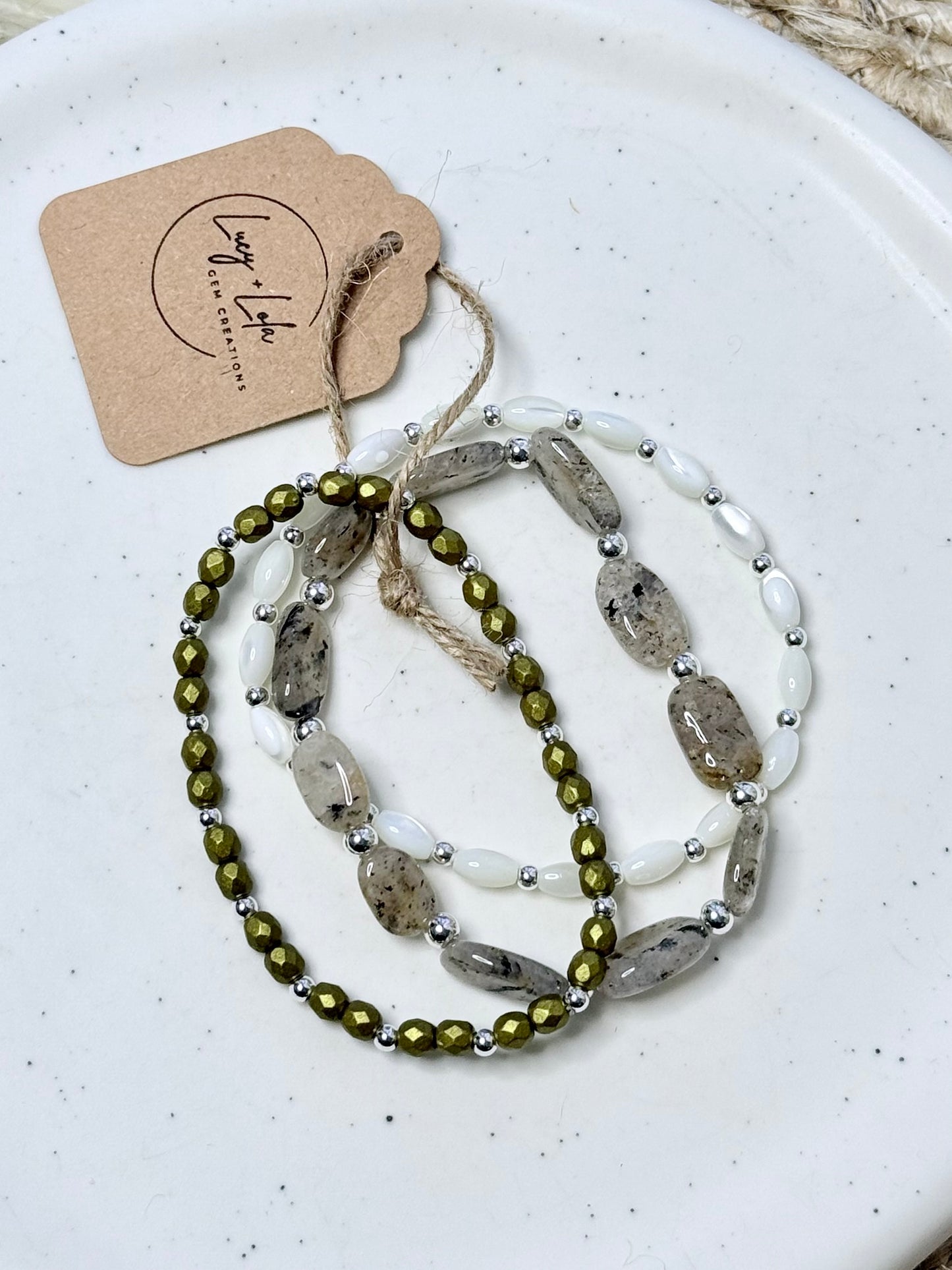 Moss Quartz + Cream in Silver Stack (3-stack)