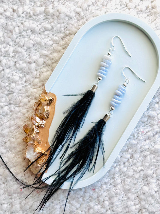 Blue Lace Agate + Silver Black Feather Earrings