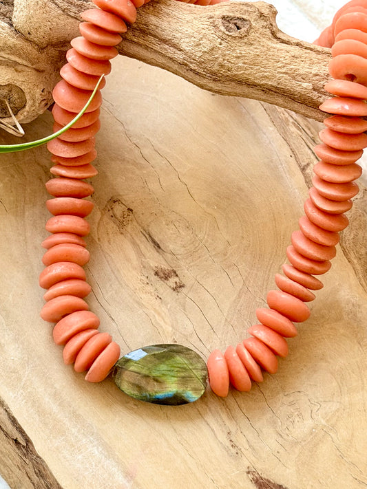 Labradorite + Orange African Ceramic Gold Chunky Necklace