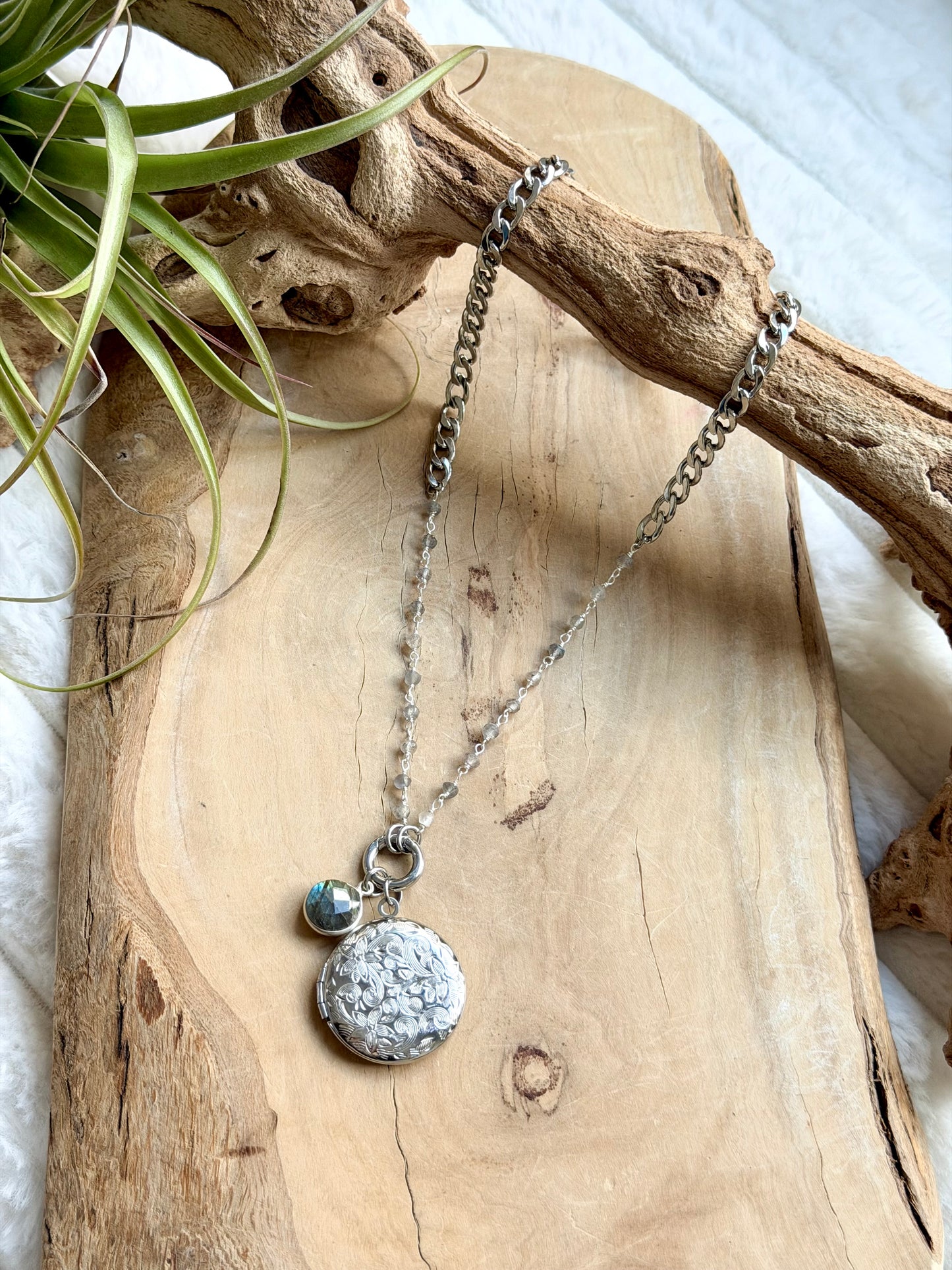 Labradorite + Stainless Steel Locket, Carabiner Charm Necklace