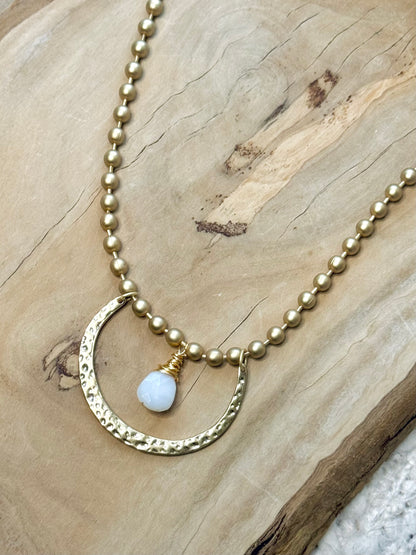 White Opal + Matte Gold Horseshoe Necklace