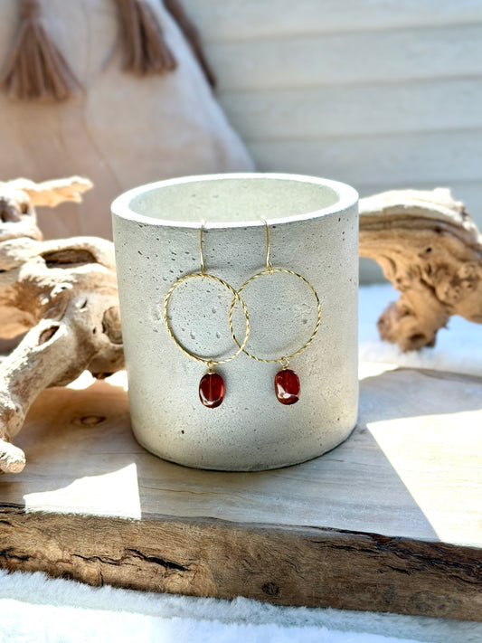 Hessonite  Garnet + Gold Circle Earrings