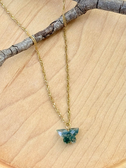 Moss Agate Butterfly + Gold Stainless Steel Necklace