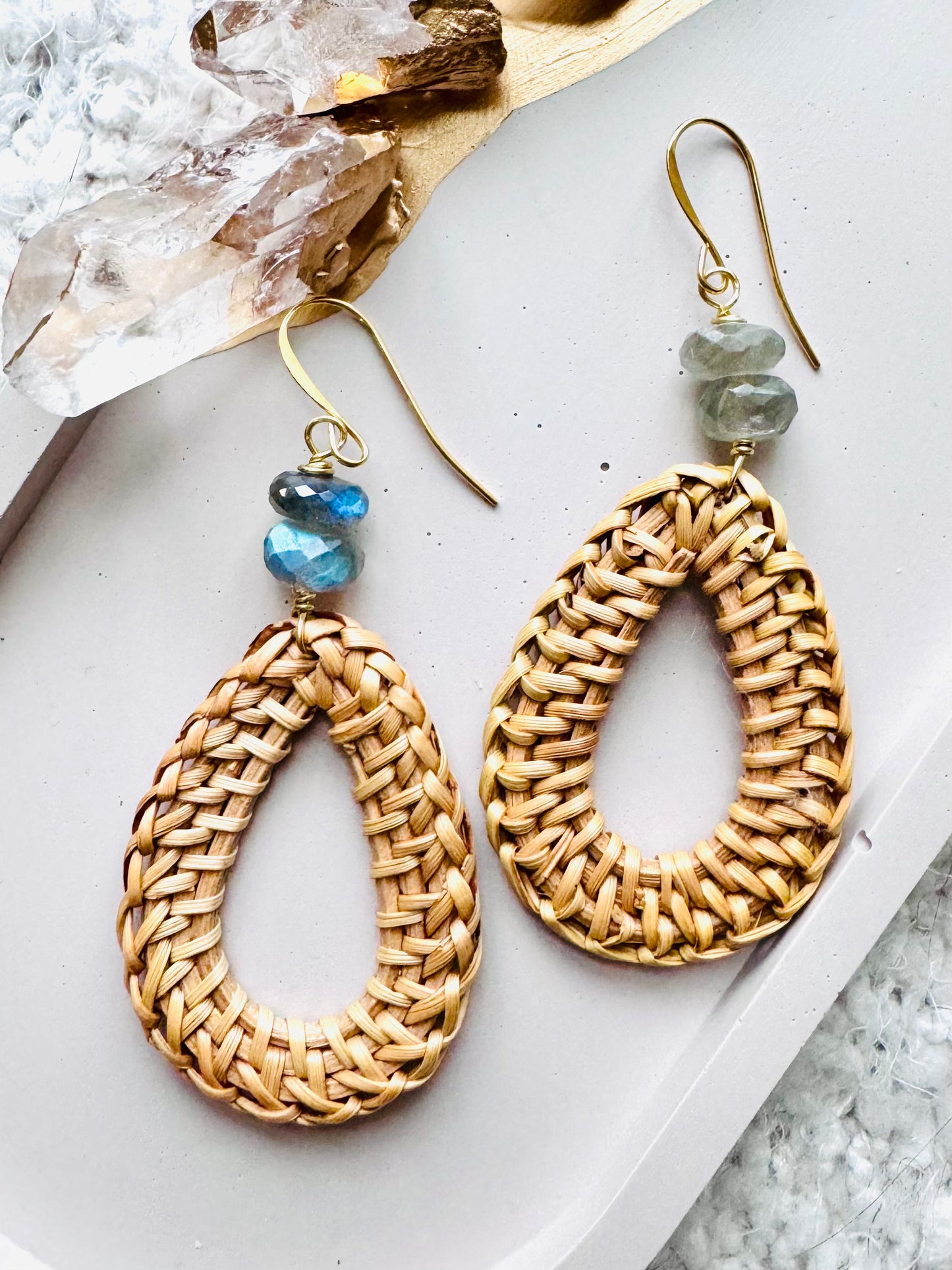 Labradorite + Gold Rattan Earrings