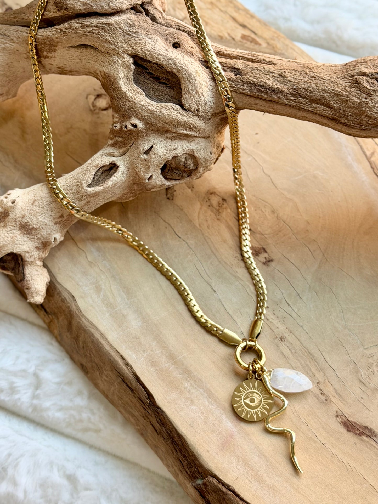 Rainbow Moonstone + Gold Protection Stainless Steel Necklace