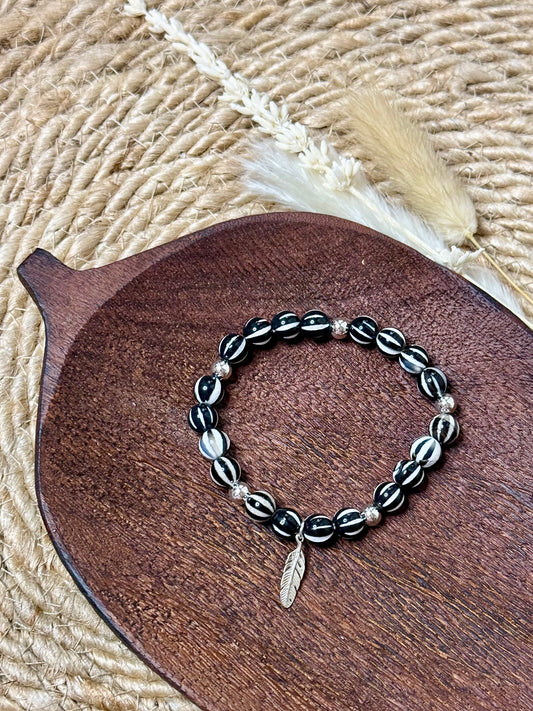 Black + White Striped Tibetan Agate + Silver Chunky Charm Band