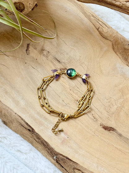Multi-Color Quartz + Amethyst Gold Moon Bracelet