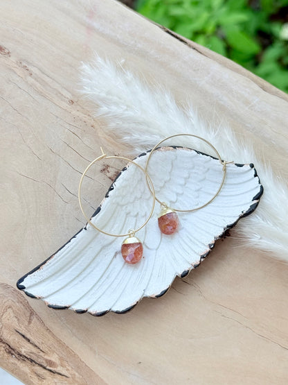 Sunstone + Matte Gold Hoop Earrings