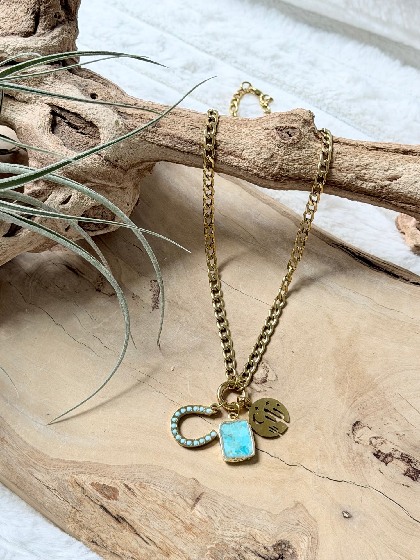 Turquoise + Labradorite Gold Carabiner Charm Necklace
