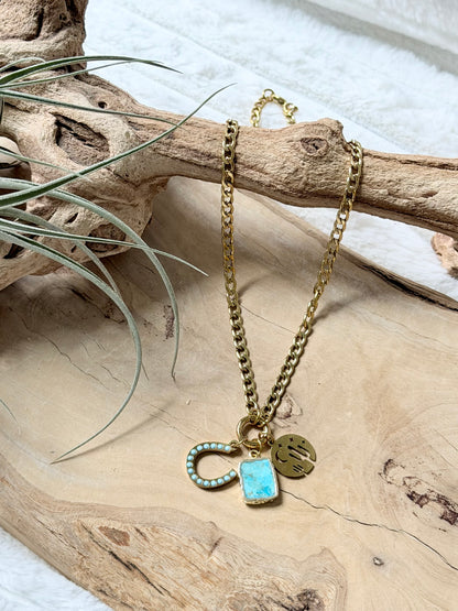 Turquoise + Labradorite Gold Carabiner Charm Necklace