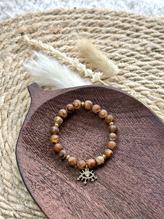 Brown Evil Eye Tibetan Agate + Gold Chunky Charm Band