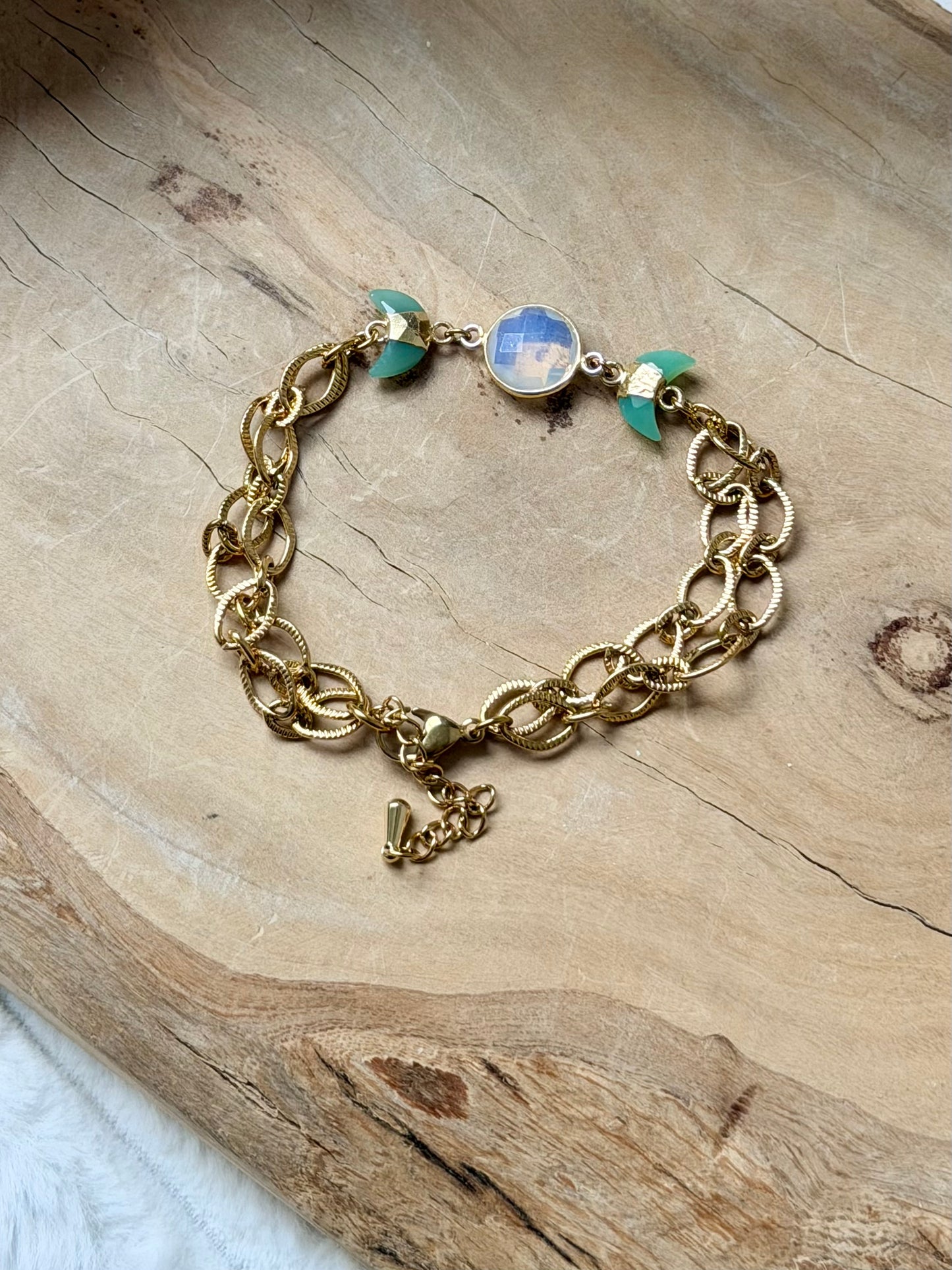 Opalite + Chrysoprase Gold Moon Bracelet