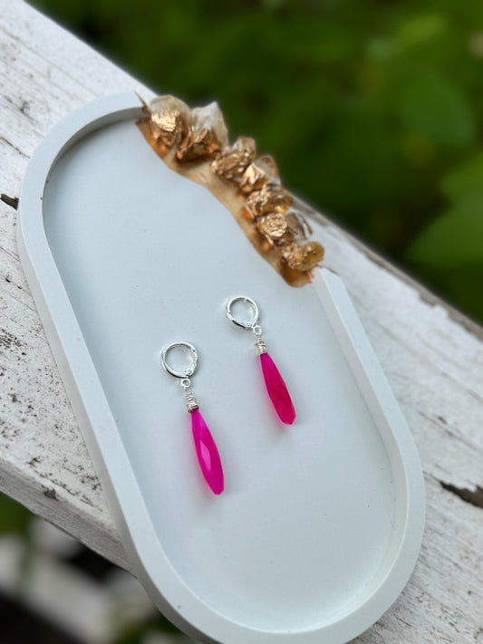 Pink Chalcedony + Silver Huggie Earrings