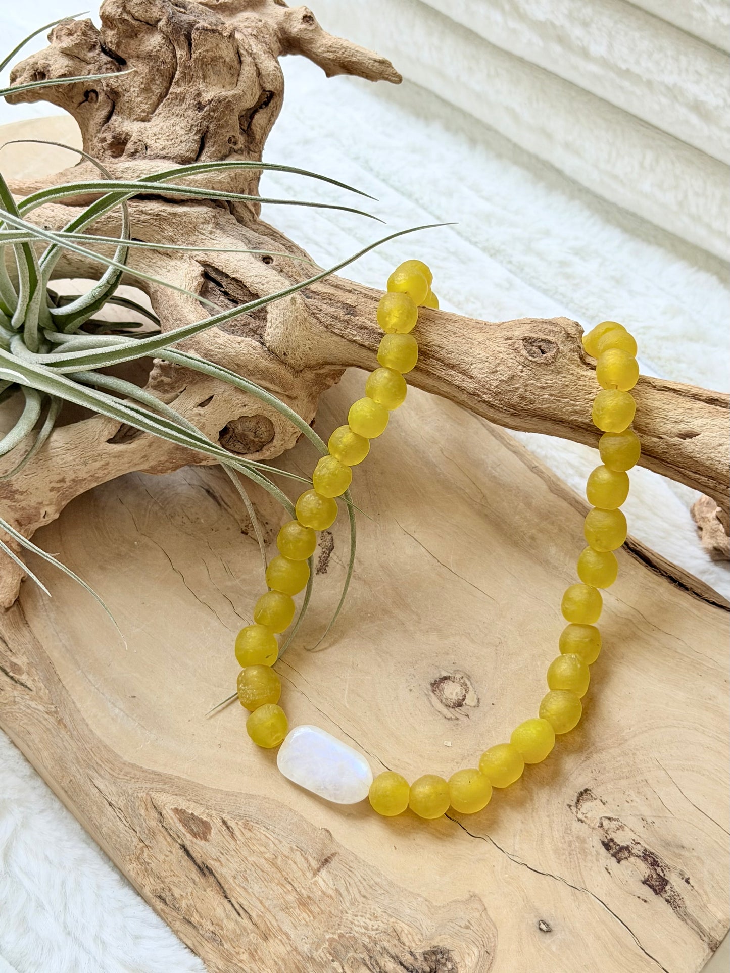 Rainbow Moonstone + Yellow African Glass Chunky Necklace