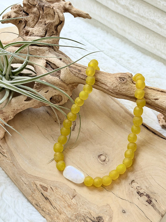 Rainbow Moonstone + Yellow African Glass Chunky Necklace