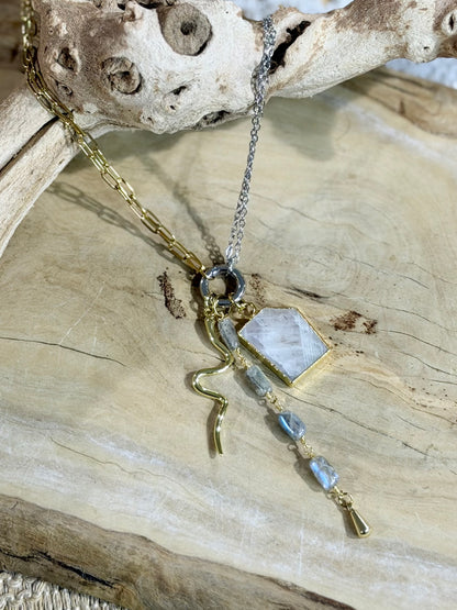 Labradorite + Mixed Metal Carabiner Charm Necklace