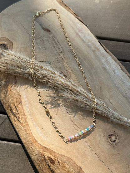 Rainbow Ethiopian Opal + Matte Gold Chain Mini Bar Necklace