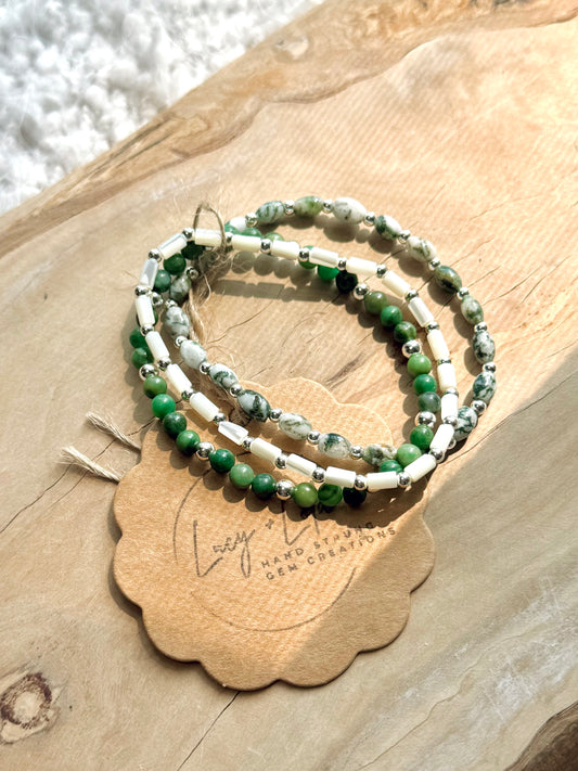 Tree Agate + African Jade in Silver Stack (3-stack)