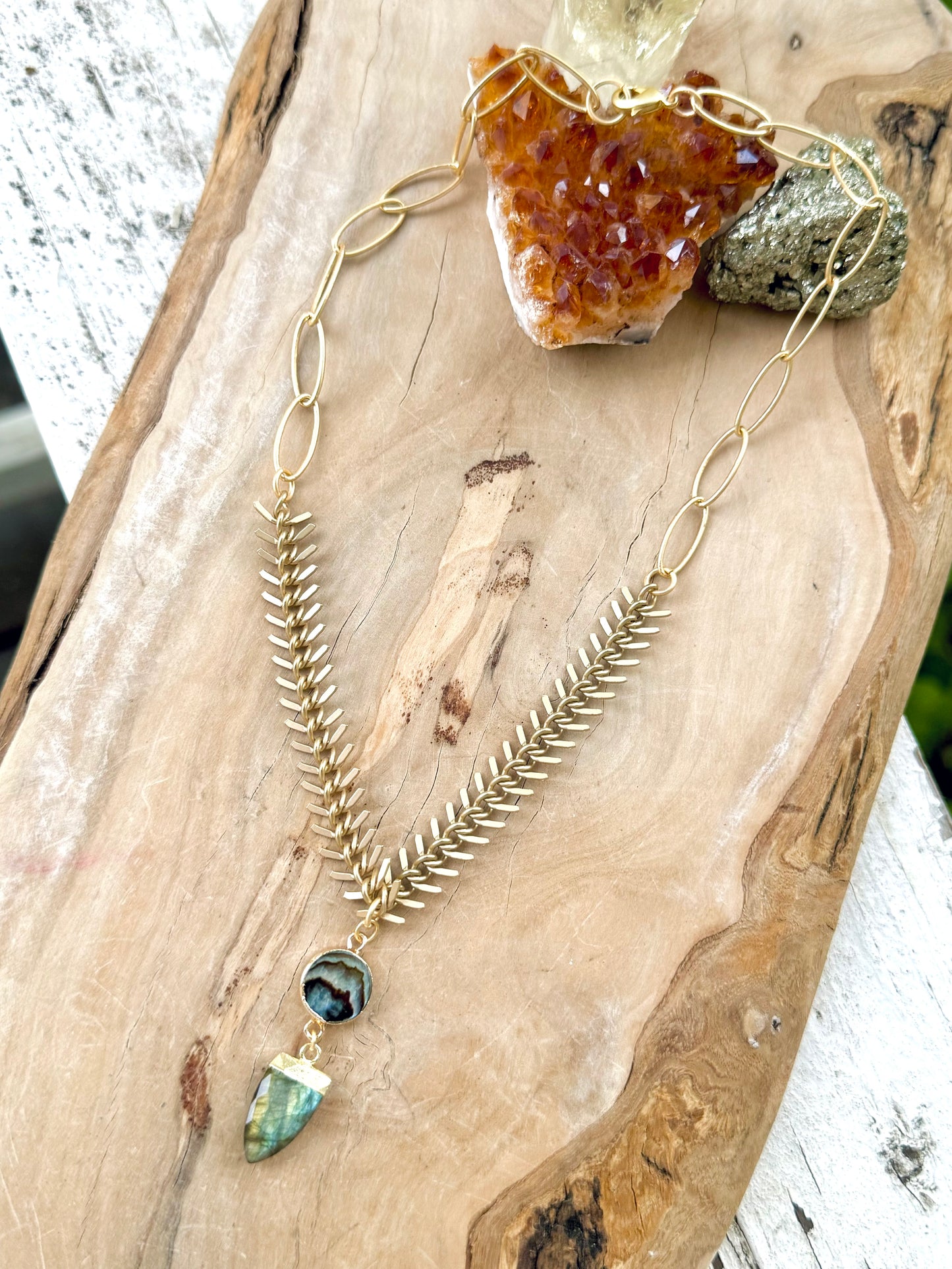 Abalone + Labradorite Matte Gold Fishbone Necklace