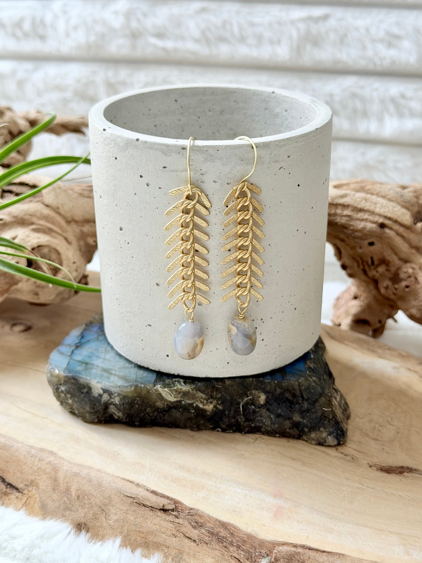 Skin on Blue Chalcedony +  Matte Gold Fishbone Earrings
