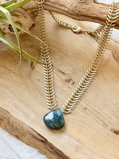 Labradorite + Matte Gold Fishbone Chain Necklace
