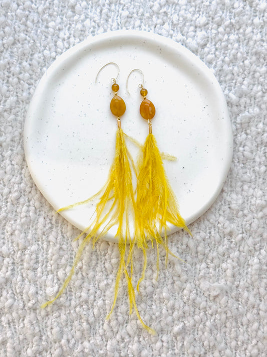 Yellow Botswana Agate + Gold Yellow Feather Earrings