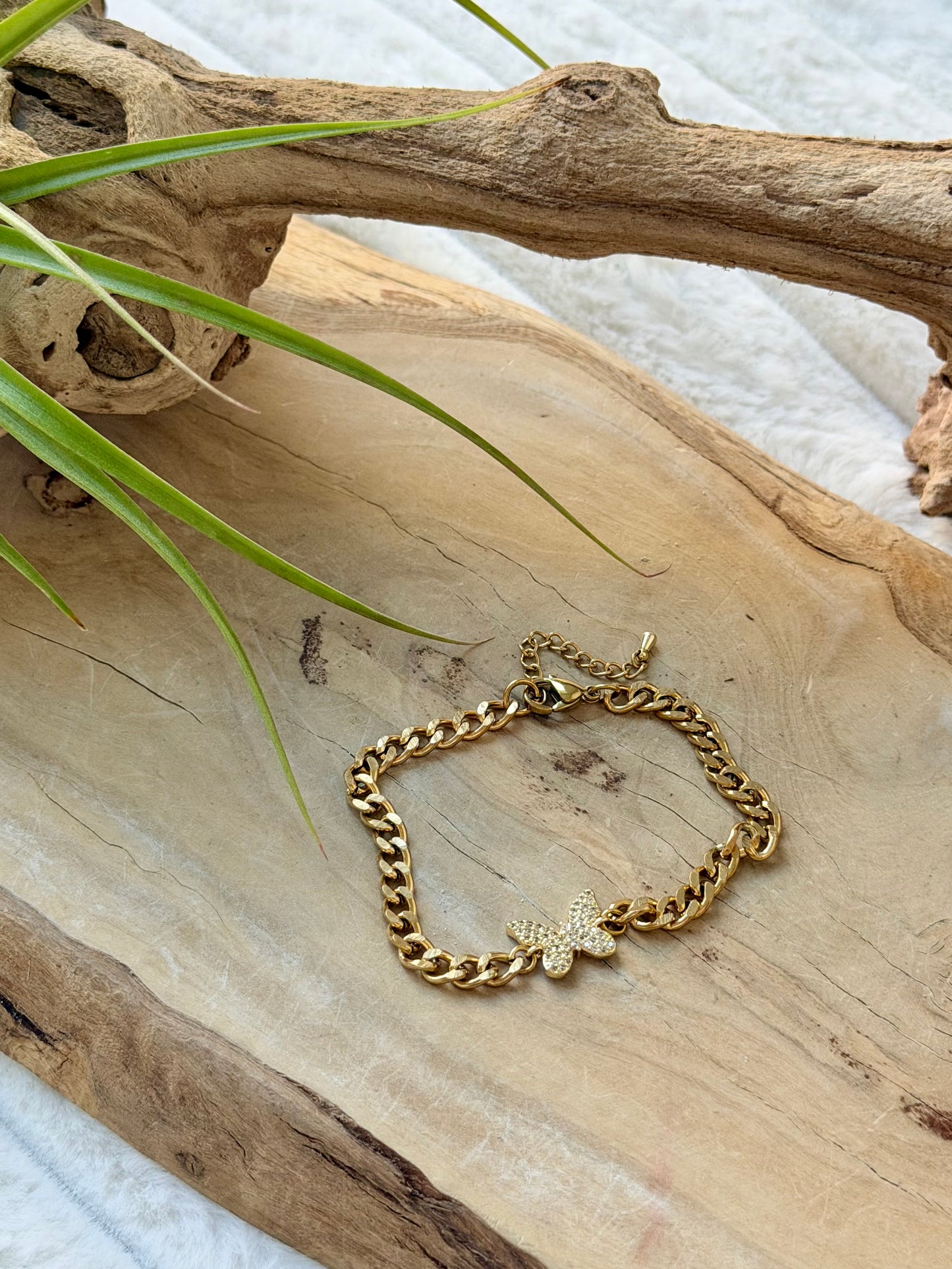 Zircon Butterfly + Gold Curb Chain Bracelet