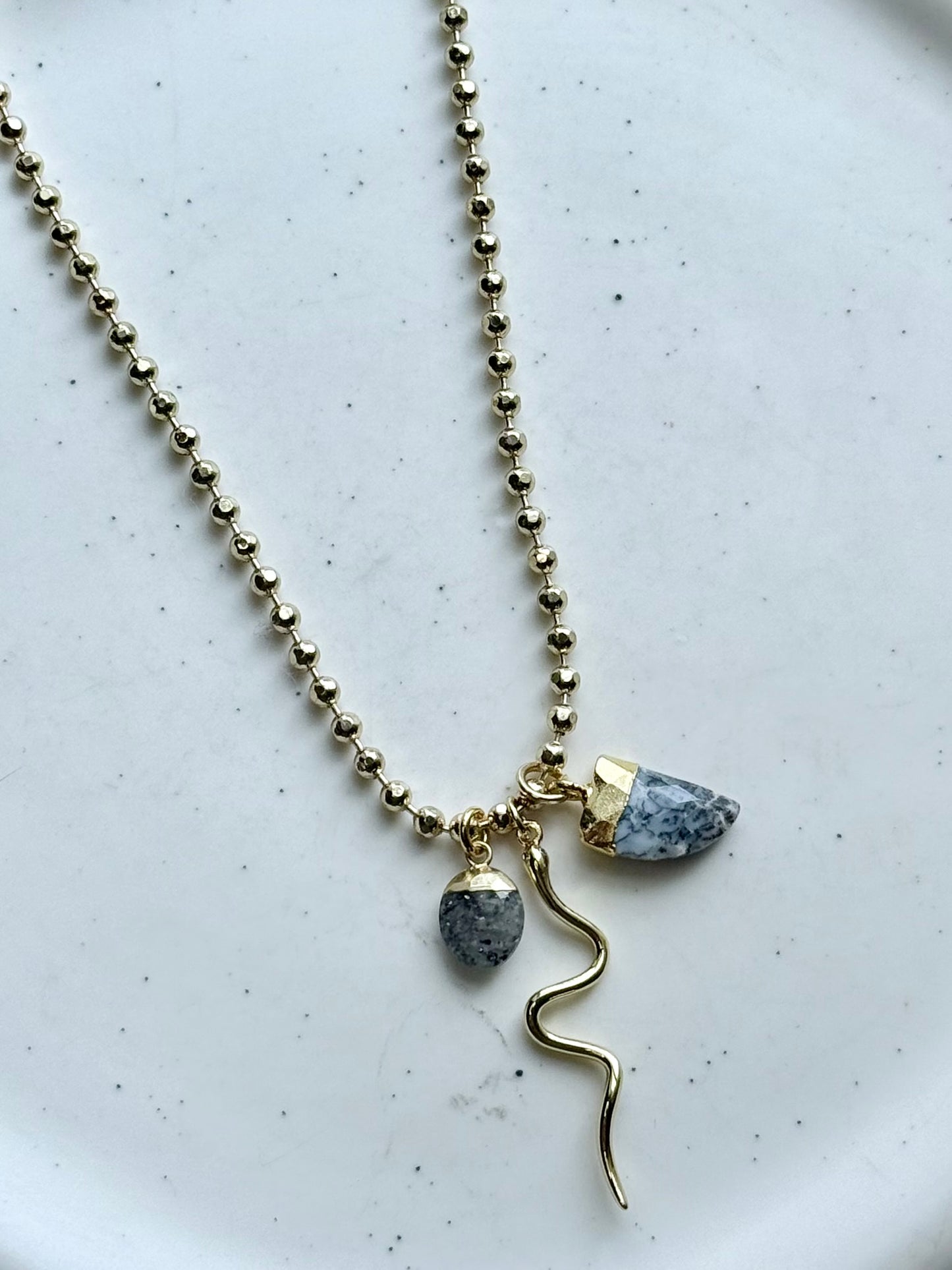 Opal + Black Sunstone Gold Snake Necklace