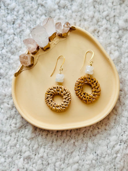 Rainbow Moonstone + Gold Mini Rattan Earrings