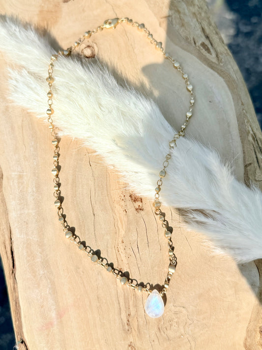 Rainbow Moonstone + Matte Gold Necklace