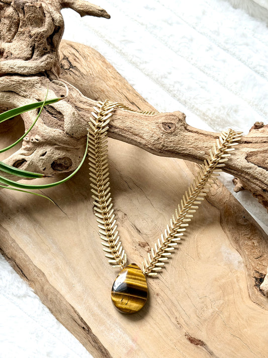 Tiger Eye + Matte Gold Fishbone Chain Necklace